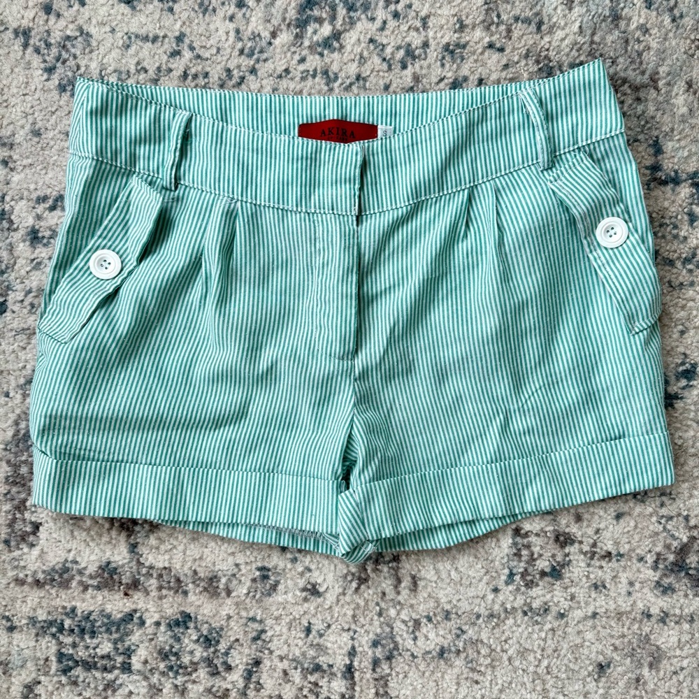 Akira Green Pin Striped Women's Shorts, Size Small
